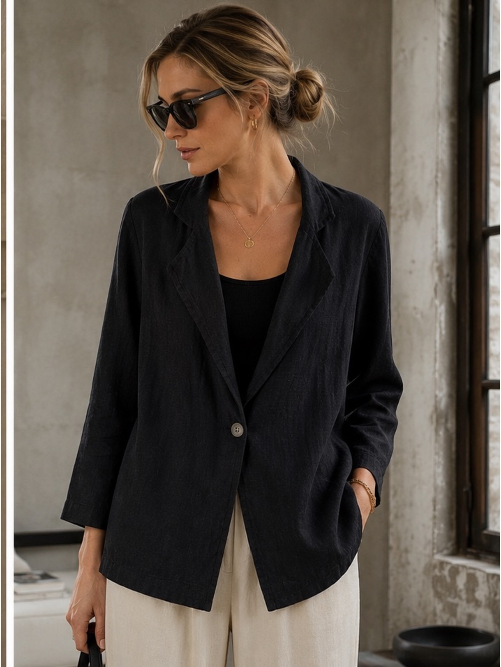 LUUKAA Black Linen Blend Button Down Blouse Cardigan Jacket Size 2